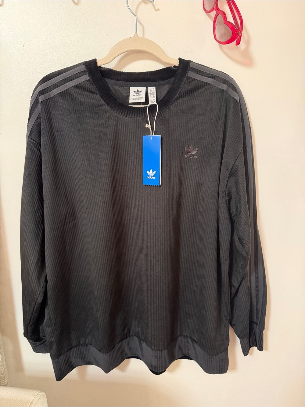 NWT ADIDAS Velour Black Corduroy Three-Stripe Crewneck Sweatshirt